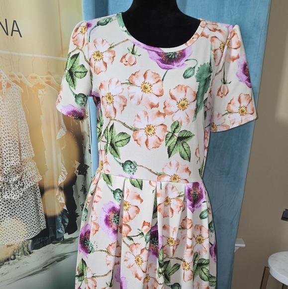 LuLaRoe Floral Midi Dress - Pink, Purple, Green - Picture 1 of 3